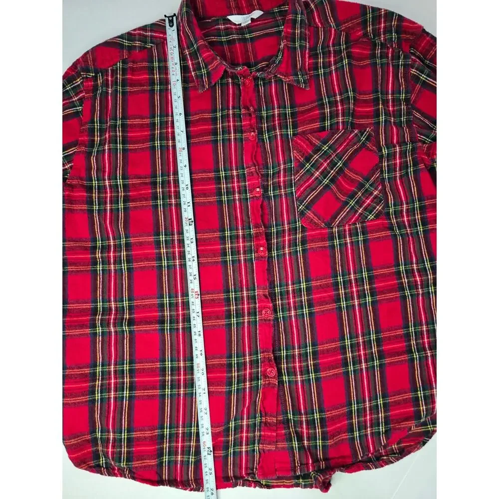 Time and Tru Red Plaid Flannel Shirt XL Cotton Button Front Tartan Fall